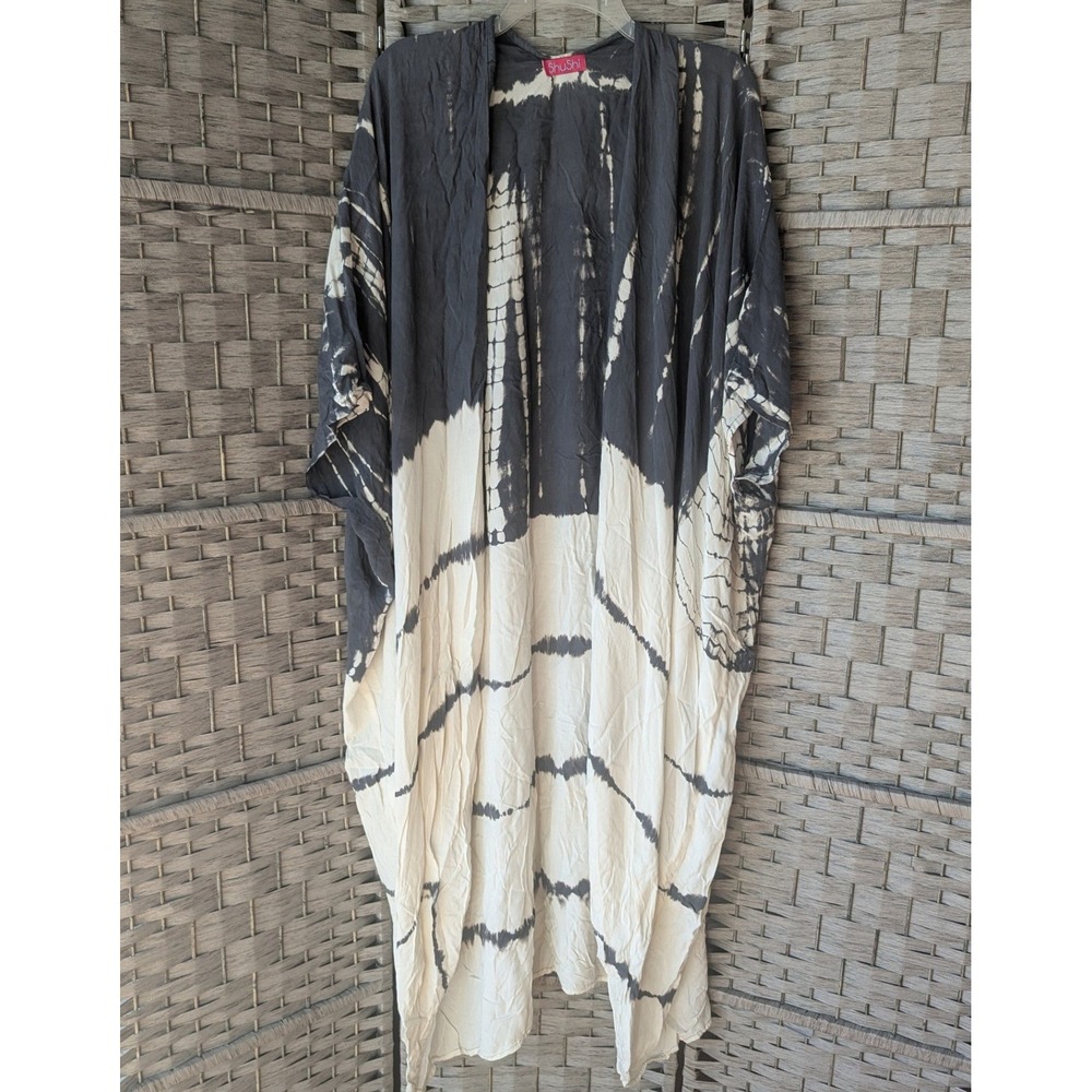 Tie Dye Kimono Cardigan Charcoal White Open Front Duster OS Beach Swim Cover Up